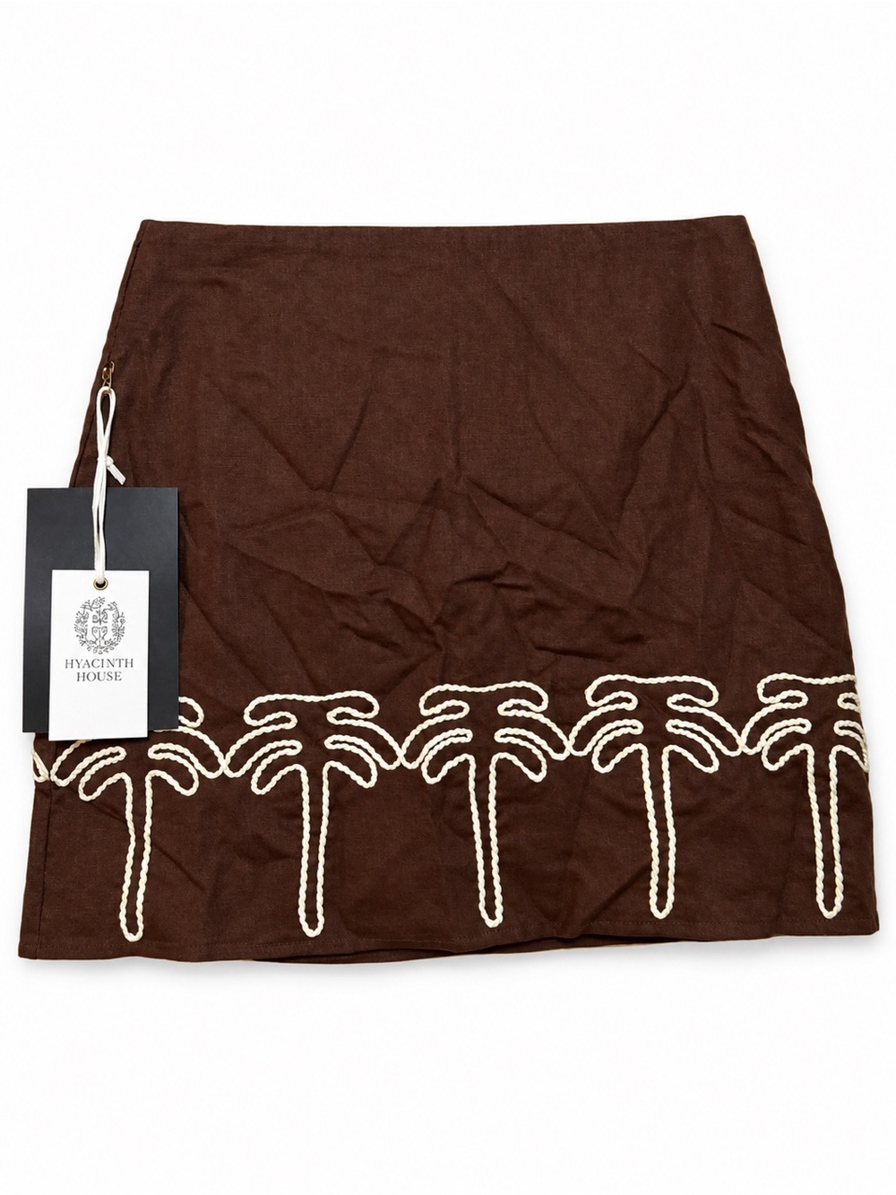 Hyacinth House Brown Palm Embroidered Linen Blend Mini Skirt XXS NWT